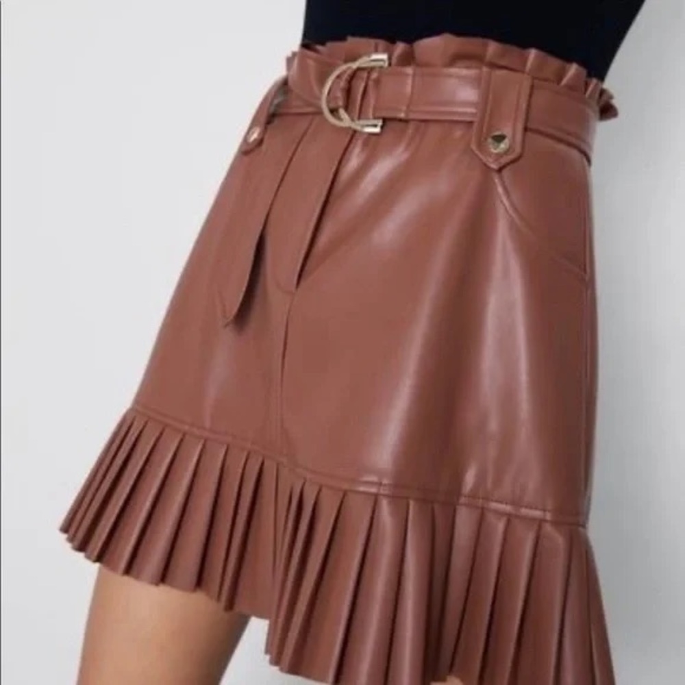 Brown Pleated Faux Leather Skirt Zara